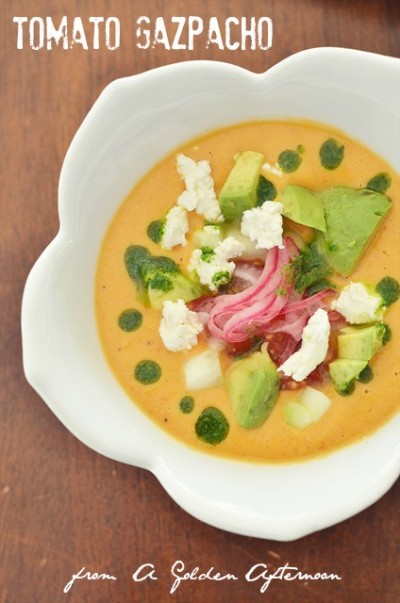 Tomato Gazpacho with Pickled Onions and Parsley Oil